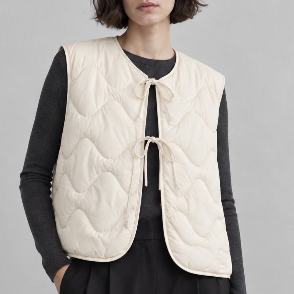 Coach Quilted Tie Front Vest CY560 Womens L Cream Sleeveless Short Pockets